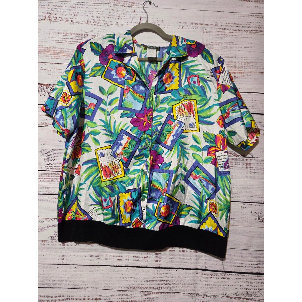 Vintage MC Tropical Postcard Floral Print Button Up Blouse Black Banded Hem 18W